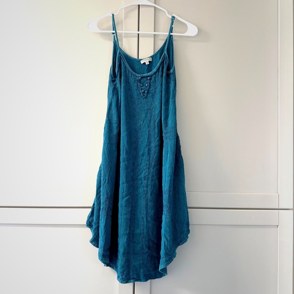 Earthbound Trading Co Dresses & Skirts - Earthbound Trading Co Womens Teal Blue Embroidered Rayon Mini Dress Small Boho